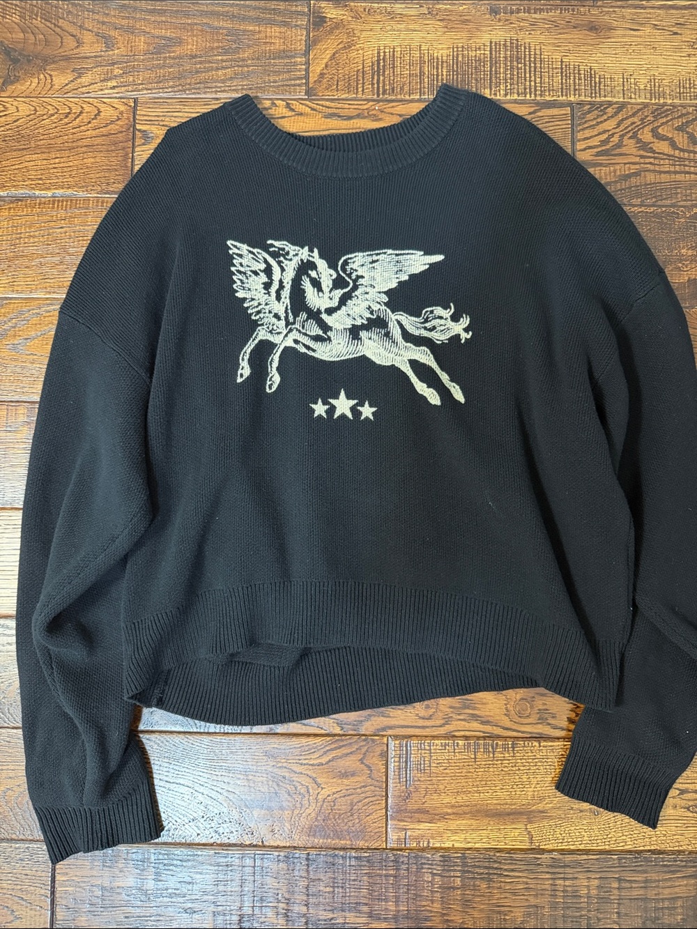 PacSun Black Crewneck Sweater with Cream Pegasus Graphic